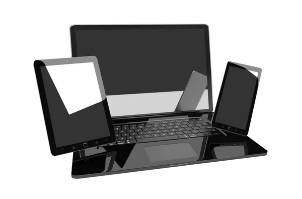 Laptop mobile phone and tablet connected to each other 3D render — Stock Photo, Image