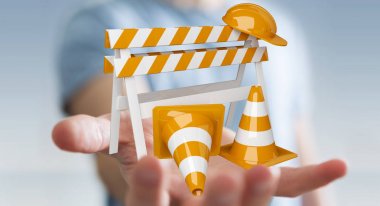 Dijital 3d render altında inşaat işaretleri kullanarak iş adamı