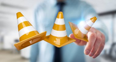 Dijital 3d render altında inşaat işaretleri kullanarak iş adamı