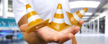 Dijital 3d render altında inşaat işaretleri kullanarak iş adamı