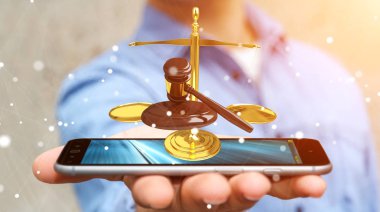 İşadamı adalet çekiç ve tartı ile 3d render ölçekler