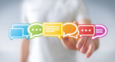 Renkli düz konuşma simgeler 3d rendering kullanarak iş adamı