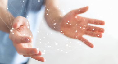 Uçan ağ bağlantısı arabirimi 3d renderi kullanarak iş adamı