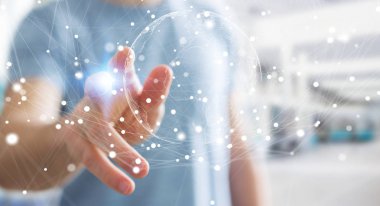 Uçan Dünya ağ arabirimi 3d işlemesini kullanan iş adamı