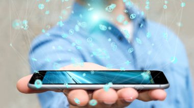 Uçan ağ bağlantısı arabirimi 3d renderi kullanarak iş adamı