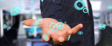 Uçan ağ bağlantısı arabirimi 3d renderi kullanarak iş adamı