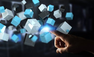 Kayan mavi parlak küp ağ 3d renderi dokunmadan işadamı