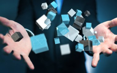 Mavi parlak küp ağ 3d renderin yüzen tutan işadamı