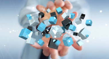 Mavi parlak küp ağ 3d renderin yüzen tutan işadamı