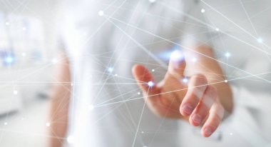 İşadamı 3d render tarafından dokundu ağ uçan nokta