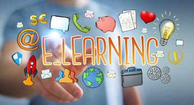 E-öğrenme sunu çizilmiş dokunmadan işadamı