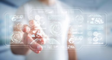 Dijital ekranlar hologramlar veriler 3d render ile kullanarak iş adamı