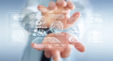 Dijital ekranlar hologramlar veriler 3d render ile kullanarak iş adamı