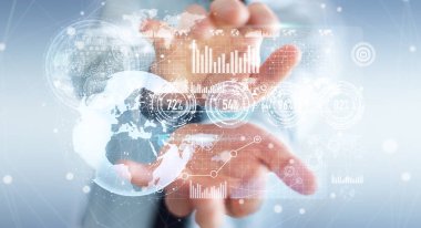 İşadamı hologram ekran dijital veriler 3d renderin ile kullanma