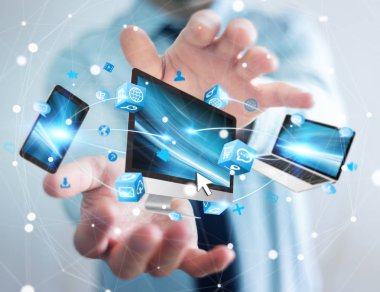 İşadamı teknik cihazlar ve simgeler uygulamaları 3d re bağlanılıyor