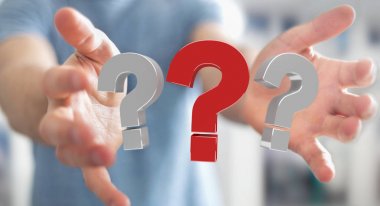 3D render soru işaretleri kullanarak iş adamı