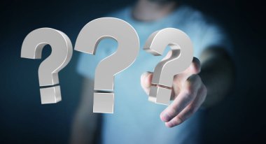 3D render soru işaretleri kullanarak iş adamı