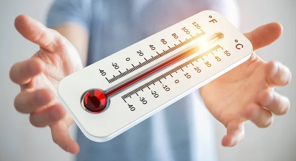 Affärsman kontrollera temperaturen stiga 3d-rendering — Stockfoto