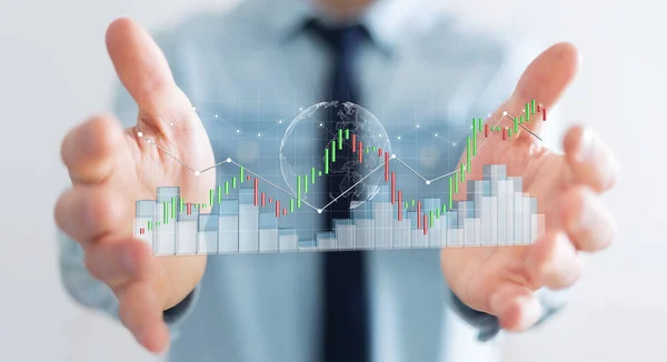 Homme d'affaires utilisant numérique 3D rendu statistiques boursières et c — Photo