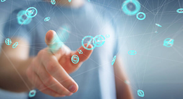 Businessman using flying network connection interface 3D renderi