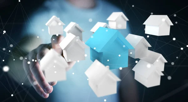 Бізнесмен використовує 3D візуалізовані маленькі біло-блакитні будинки — стокове фото