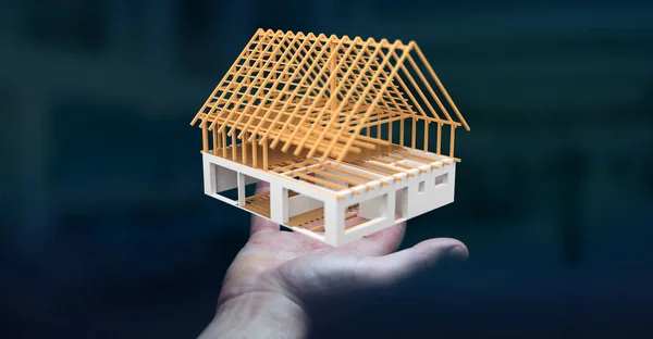 Geschäftsmann hält 3D-Rendering unfertige Plan Haus in seinem ha — Stockfoto