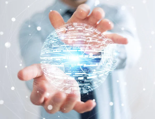 Businessman holding hologram sphere 3D rendering — Stock Photo, Image