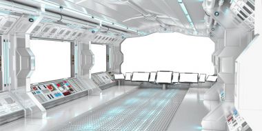 Uzay gemisi iç Oda beyaz Windows 3B oluşturma