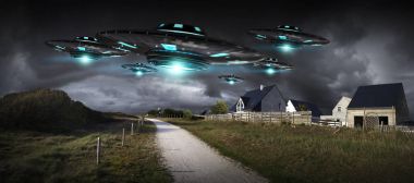 UFO işgal gezegen Dünya'ya landascape 3d render