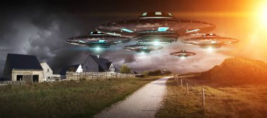 UFO işgal gezegen Dünya'ya landascape 3d render