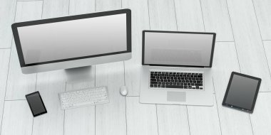 Modern bilgisayar dizüstü cep telefonu ve tablet 3d render