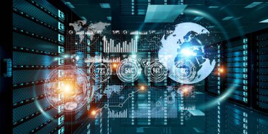 Sunucu Oda veri merkezi 3d render üzerinde uçan hologram grafik