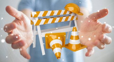 Dijital 3d render altında inşaat işaretleri kullanarak iş adamı