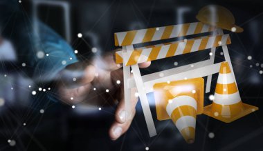 Dijital 3d render altında inşaat işaretleri kullanarak iş adamı