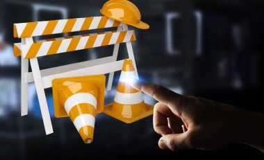 Dijital 3d render altında inşaat işaretleri kullanarak iş adamı