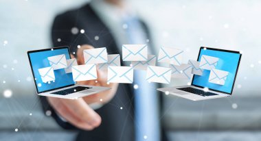 İşadamı onun dijital cihazlar 3d renderin üzerinde e-posta alma