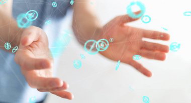 Uçan ağ bağlantısı arabirimi 3d renderi kullanarak iş adamı