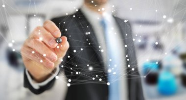 Uçan ağ bağlantısı arabirimi 3d renderi kullanarak iş adamı