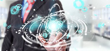 Uçan ağ bağlantısı arabirimi 3d renderi kullanarak iş adamı