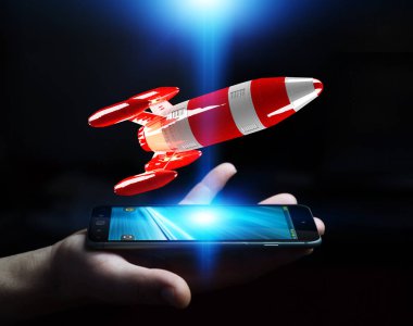 Kırmızı roket onun el 3d render tutan işadamı