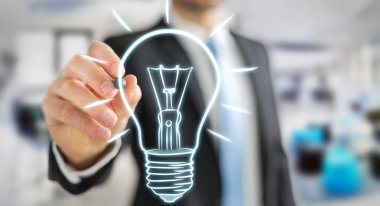 İşadamı bir kroki ampul kalemle çizim