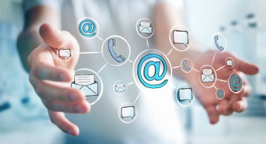 Çizilmiş grafik iletişim ve bağlantı ile tutan işadamı