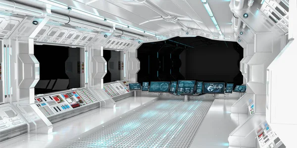 Raumschiff-Interieur mit Blick auf schwarzes Fenster 3D-Rendering — Stockfoto