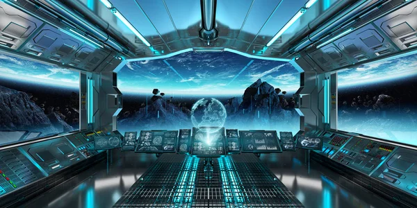 Interior da nave espacial com vista para o planeta Terra 3D renderização el — Fotografia de Stock