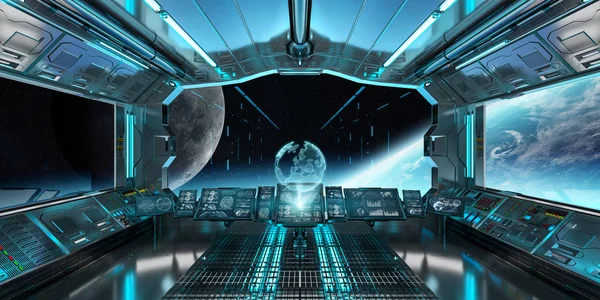 Statek kosmiczny wnętrza z widokiem na planecie Ziemia 3d renderowania el — Zdjęcie stockowe