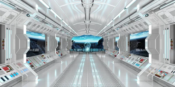 Interior de la nave espacial con vista al planeta Tierra 3D renderizado el — Foto de Stock