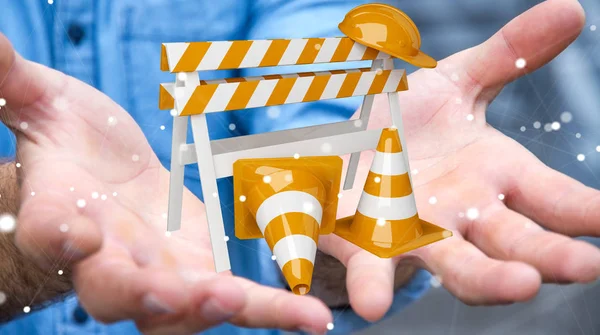 Businessman using digital 3D rendering under construction signs