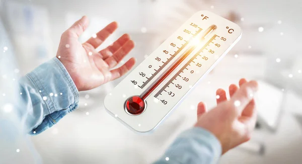 Affärsman kontrollera temperaturen stiga 3d-rendering — Stockfoto