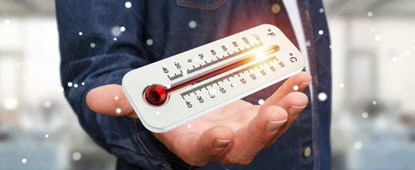 Üzletember ellenőrzése a hőmérséklet emelkedik a 3d-leképezés — Stock Fotó