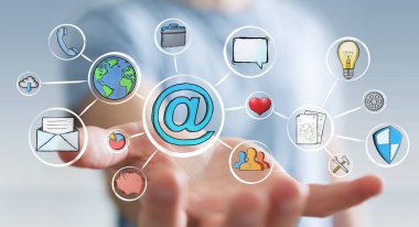 Multimedya arabirimi çizilmiş tutan işadamı